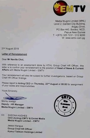 Neville Choi's reinstatement letter.