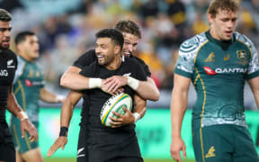 Richie Mo'unga celebrates his second try with Beauden Barrett in the Bledisloe Cup rugby union test match at ANZ Stadium, Sydney, Australia. 31st Oct 2020.