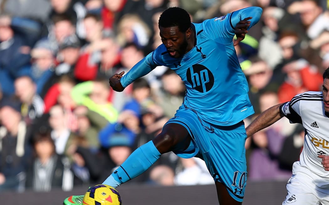 Emmanuel Adebayor playing for Tottenham Hotspur.