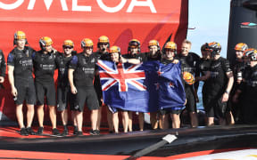 Team New Zealand celebrate winning the America's Cup, Race 10, Day 7 of the America's Cup presented by Prada.