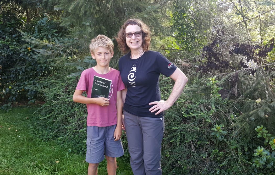 Alison Ballance with 11-year-old author of 'Cicadas of New Zealand', Olly Hills. Olly spends a lot of time hunting for insects in the gully behind.