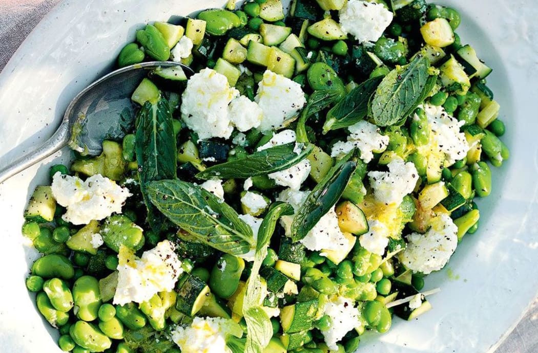 Salad of Green Peas, Broad Beans, Feta, Chilli and Mint with Tzatziki