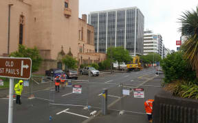 The cordon around the condemned building at 61 Molesworth St in central Wellington.