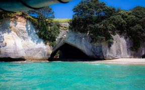 View of the Cathedral Cove from the ocean.