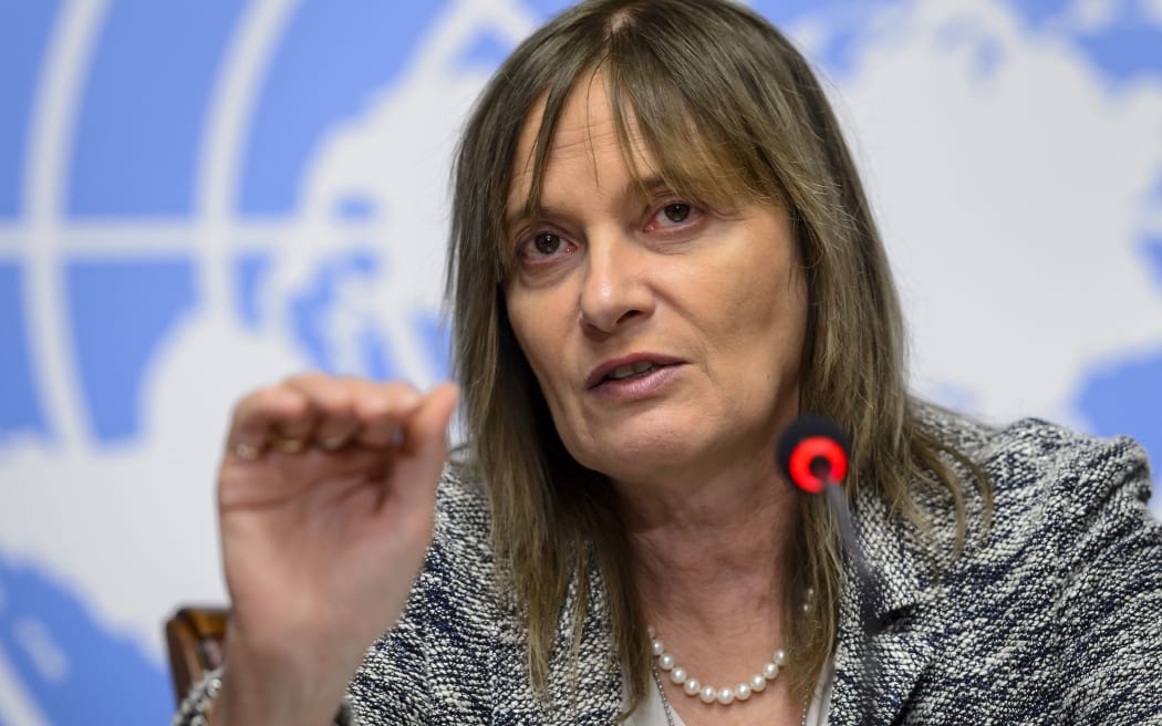 The WHO's Marie Paule Kieny speaks to media at the UN offices in Geneva.