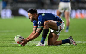 Shaun Johnson lines up a penalty in the Warriors versus Cowboys, NRL Rugby League match at Mt Smart Stadium, Auckland, on 15 April 2023.