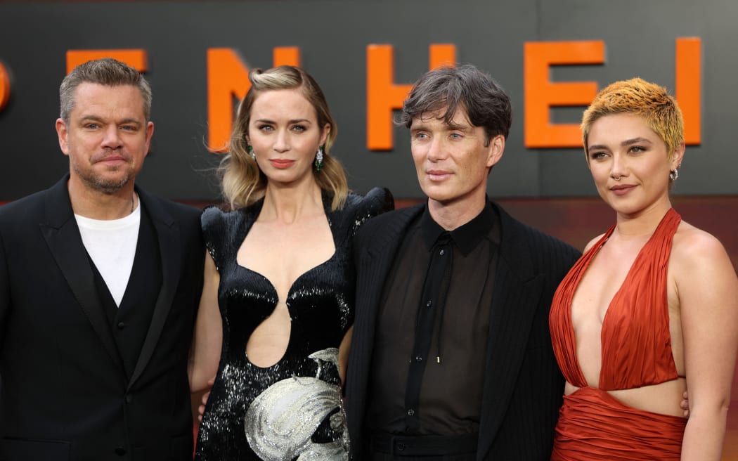 (L-R) US actor Matt Damon, British Actor Emily Blunt, Irish actor Cillian Murphy and British Actor Florence Pugh pose on the red carpet upon arrival for the UK premiere of 
