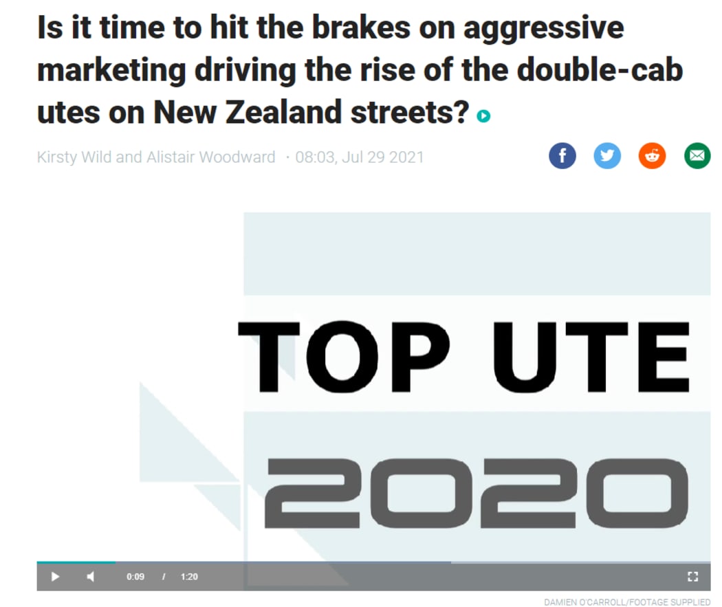 An article by Kirsty Wild and Alistair Woodward about toxic ute advertising is published on Stuff, accompanied by a video awarding the top ute of 2020.