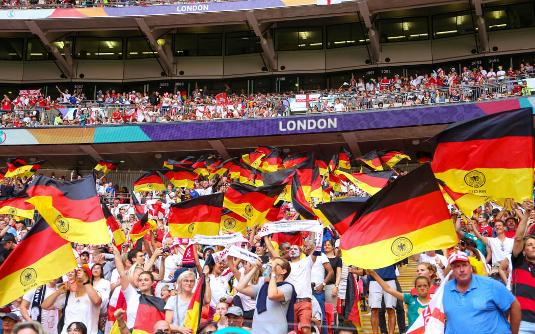 31st July 2022; Wembley Stadium, London, England: Womens European International final, England versus Germany: Germany fans flags waving.