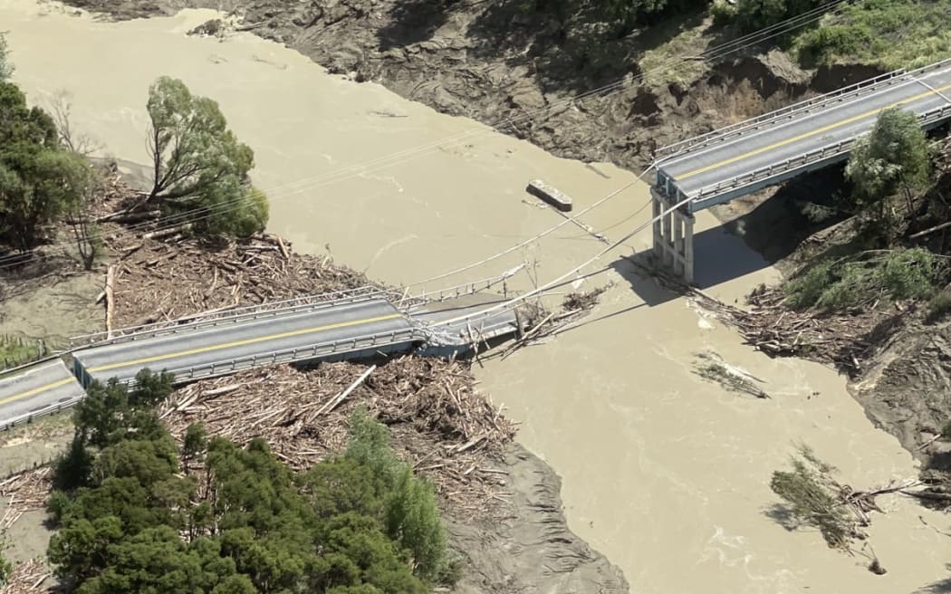 A damaged bridge seen during a flight over Gisborne after Cyclone Gabrielle.