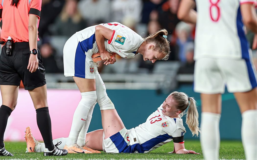 Norway's Thea Bjelde is taken off after getting cramp. FIFA Women’s World Cup Australia & New Zealand 2023, New Zealand v Norway, Eden Park Auckland, Thursday 20th July 2023. Copyright Photo: Shane Wenzlick