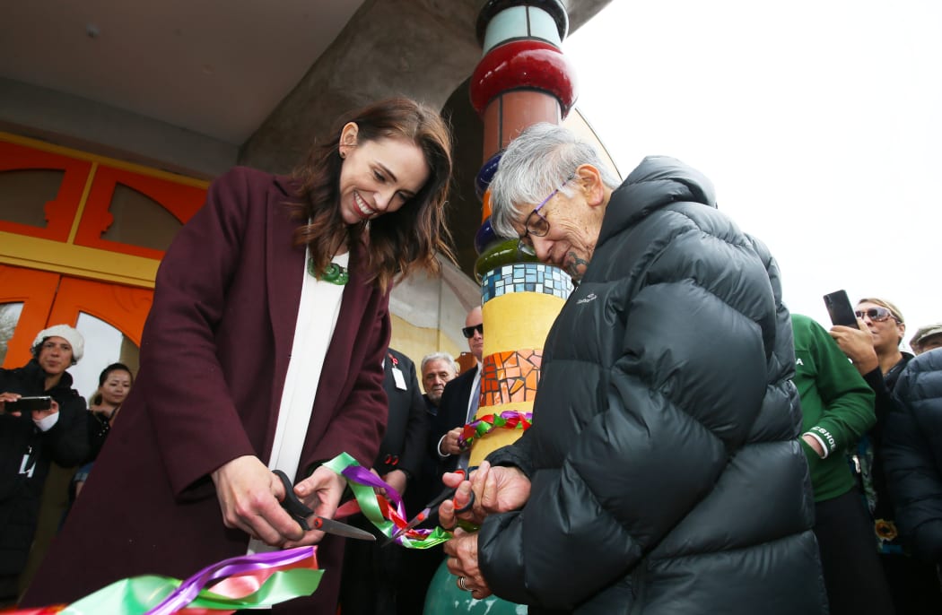Jacinda Ardern opens Te Hononga Hundertwasser Memorial Park Cultural community hub in Kawakawa with Kuia Kene Martin.