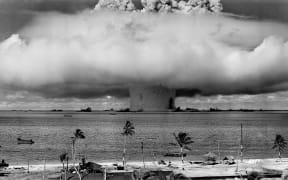 The "Baker" explosion, part of Operation Crossroads, a nuclear weapon test by the United States military at Bikini Atoll, Micronesia, on 25 July 1946.