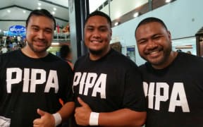 Pacific Institute of Performing Arts students Troy, Mils and Tavai (from left) prepare to welcome the All Blacks with a combined New Zealand/Samoan haka.