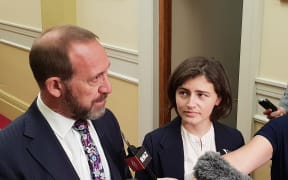 Andrew Little and Chloe Swarbrick after the announcement about the cannabis referendum.