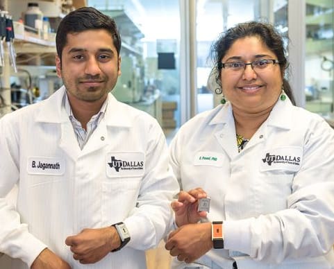 Badrinath Jagannath (left) and Dr. Shalini Prasad (right) with the device that can let diabetics monitor their health by measuring compounds in their sweat