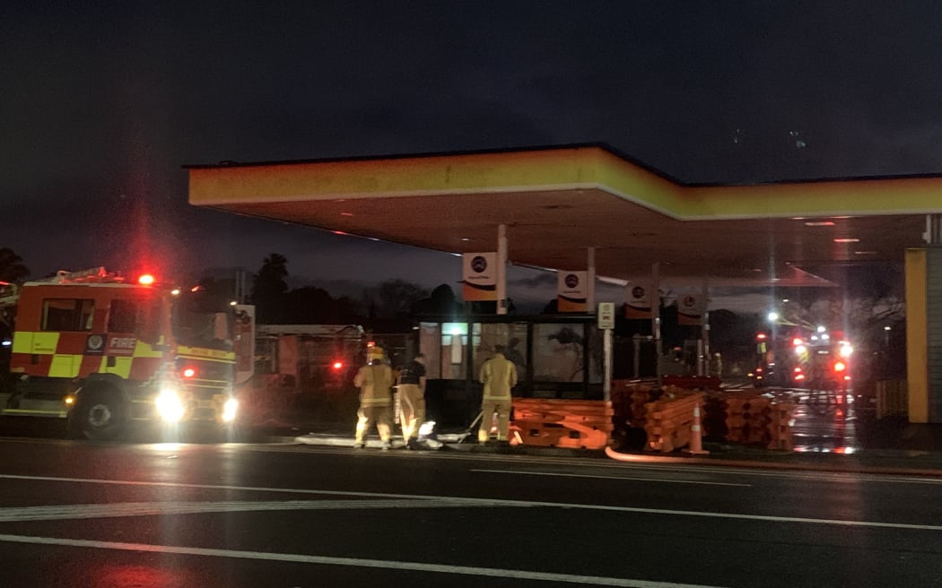 Fire and Emergency at the scene of a fire at petrol station Z in Takanini on 24 July, 2023. The fire has caused a road closure on Great South Road.