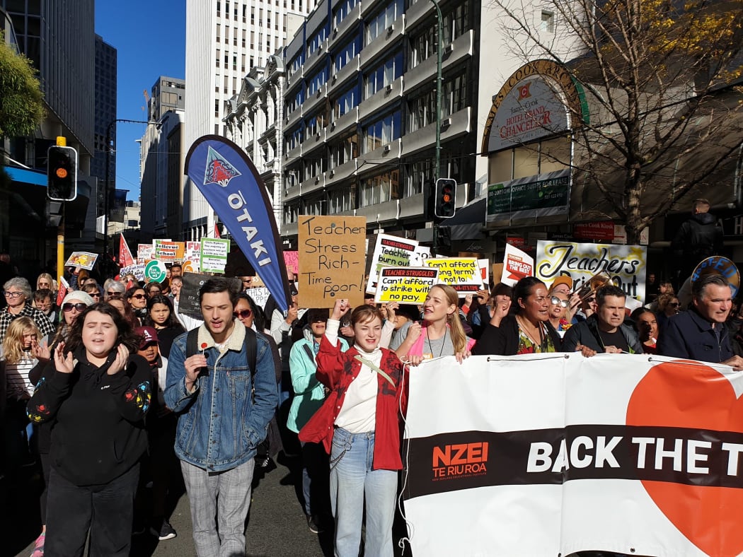 Teachers and supporters march in Wellington.