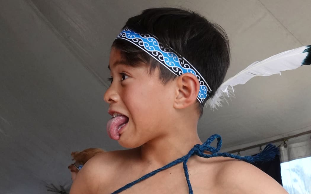 Riverview School’s Zyrenzo Hapeta-Kemp, 8, performs a pukana.