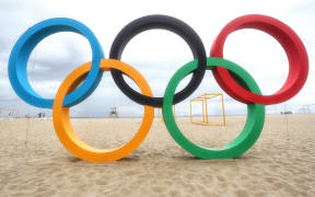 The Olympic rings on Copacabana beach, in Rio de Janeiro.