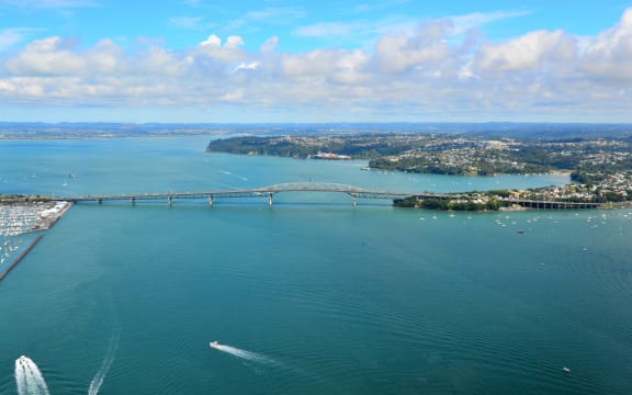 Aerial view of Auckland harbour bridge. It is the second-longest road bridge in New Zealand, and the longest in the North Island.