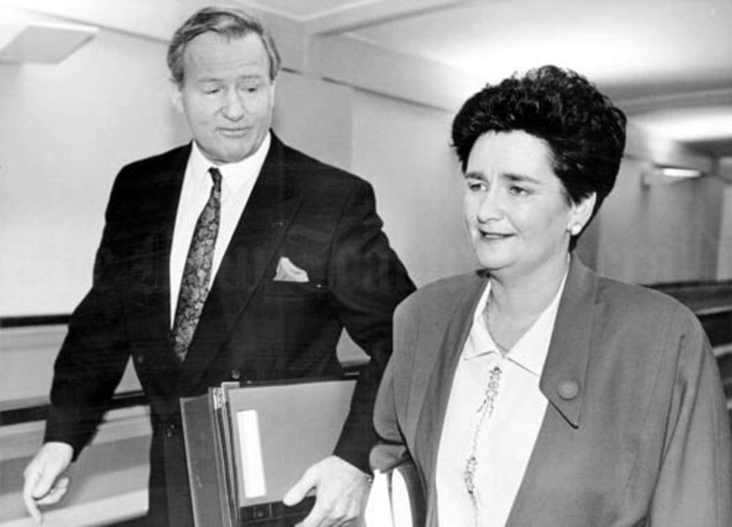 Prime Minister Jim Bolger and Finance Minister Ruth Richardson make their way to the House of Representatives for the presentation of the 1991 budget