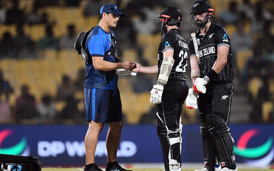 New Zealand captain Kane WIlliamson injured and retired hurt for 78 during the ICC Cricket World Cup 2023 between New Zealand and Bangladesh at the M. A. Chidambaram Stadium (Chepauk) in Chennai, Tamil Nadu, India. Friday, 13 October 2023. Copyright Photo: Raghavan Venugopal / www.photosport.nz