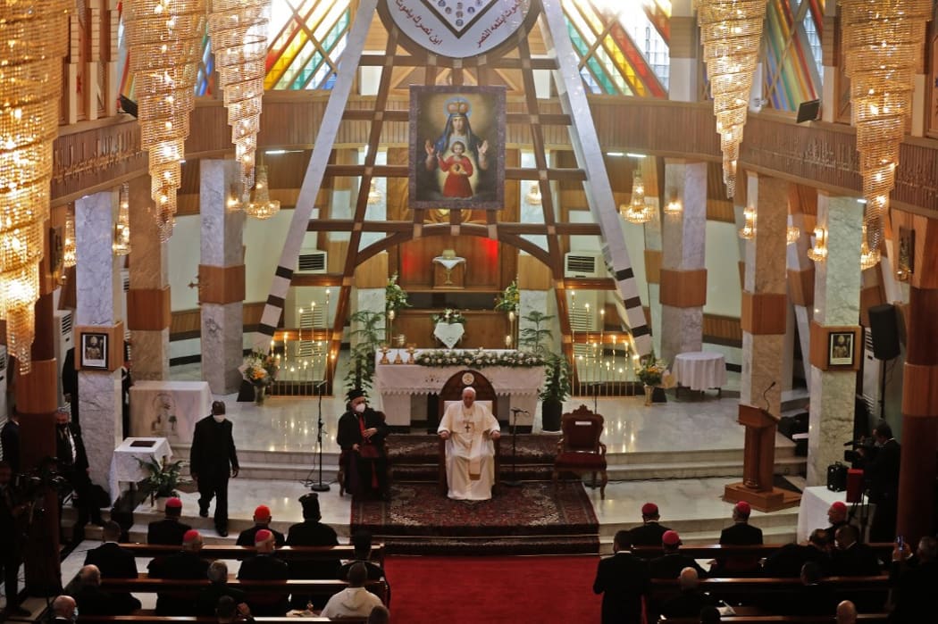 Pope Francis gives a sermon at the Syro-Catholic Cathedral of Our Lady of Salvation (Sayidat al-Najat) in Baghdad at the start of the first ever papal visit to Iraq on March 5, 2021.
