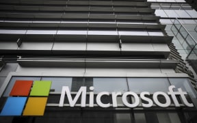 File photo June 4, 2018. Microsoft logo displayed outside the Microsoft Technology Center, New York City.