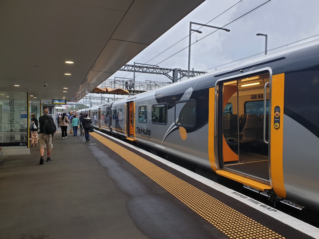 The first Te Huia commuter train from Hamilton to Auckland arrives at Papakura on Tuesday morning.