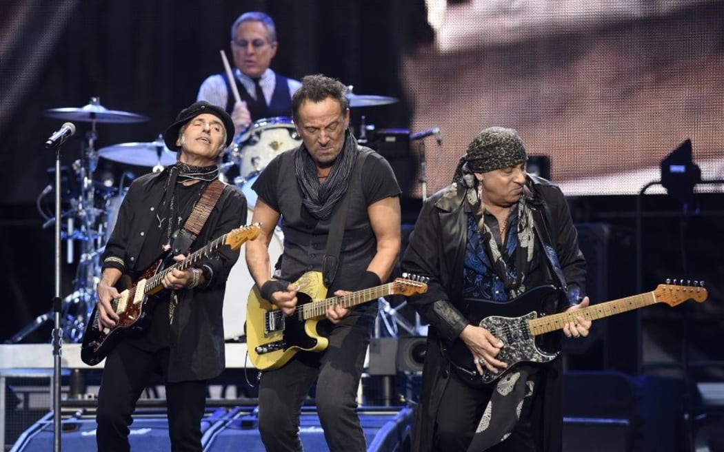 (L-R) US musicians Nils lofgren, Bruce Springsteen and Stevie Van Zandt perform on stage during "The river Tour 2016" in the northern Spanish Basque city of San Sebastian on May 17, 2016. (Photo by ANDER GILLENEA / AFP)