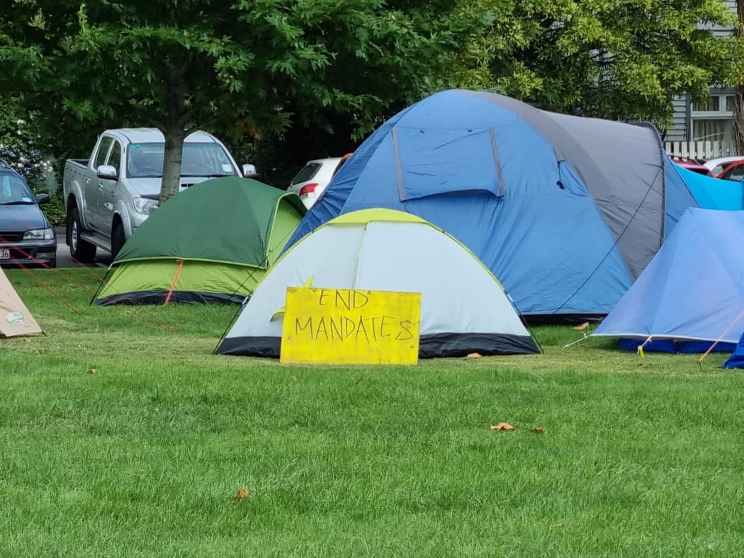Tents and anti-mandate signs set up in Cranmer Square, Christchurch, 16 February 2022.