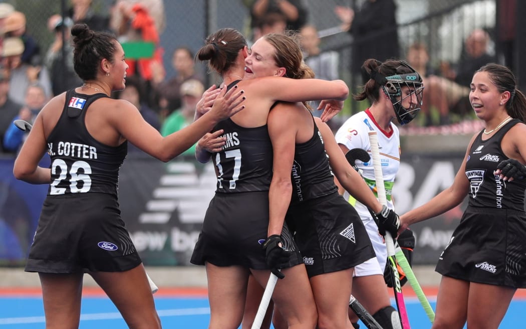 The Black Sticks celebrate a goal during the women's International hockey match against Spain in Tauranga.