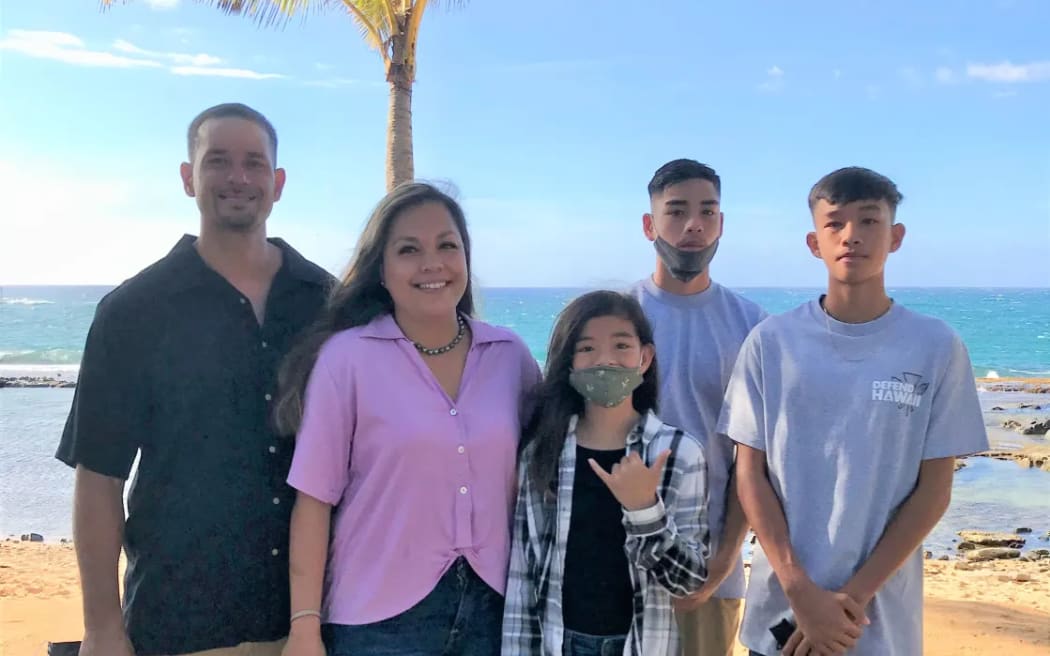 Lahaina Evacuee Kanani Higbee and her family.