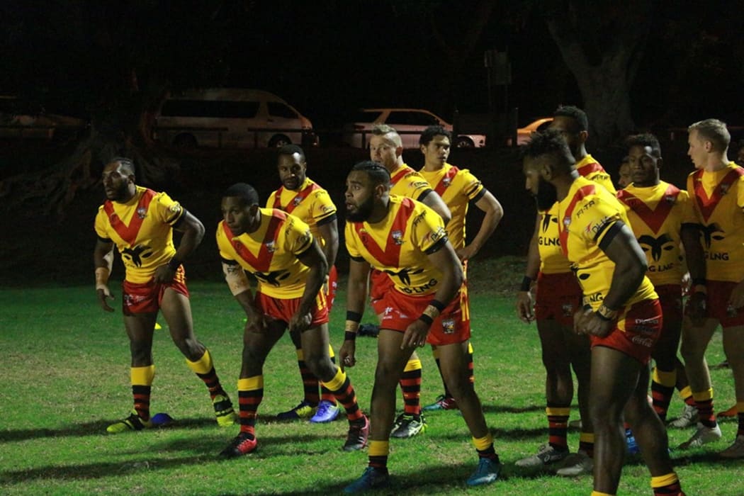 The PNG Kumuls warm up for their match at Leichhardt Oval in Sydney