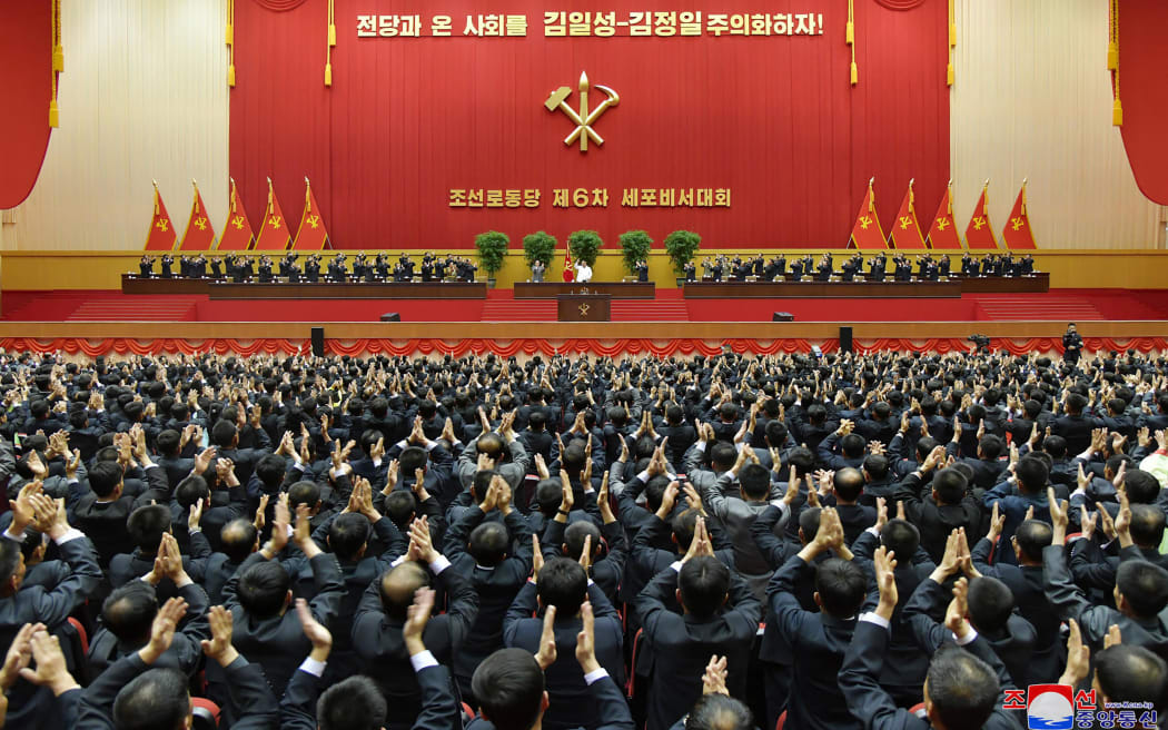 North Korean leader Kim Jong Un (C) during the Sixth Conference of Cell Secretaries of the Workers' Party of Korea in Pyongyang.