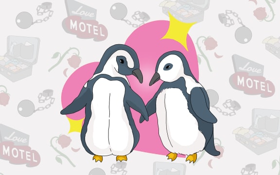 Two penguins hold flippers in front of a love heart, representing monogamous, long-term commitment. In the background are images suggesting things might not be so rosy - a motel sign, a packed suitcase, a ball and chain.