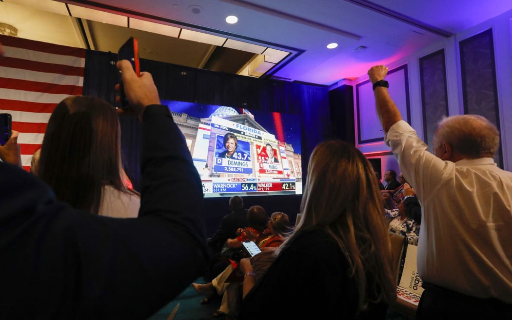 People cheer as they watch live election results projecting Rubio as the winner as they attend an election night watch party for US Senator Marco Rubio (R-FL) at Hilton Miami Airport Blue Lagoon in Miami, Florida, on 8 November, 2022.