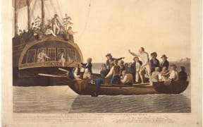 The Mutineers turning Lt Bligh and part of the Officers and Crew adrift from His Majesty's Ship the Bounty, 29th April 1789 by the artist Robert Dodd