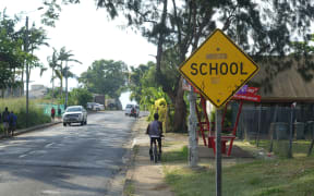 A 'School' sign in Port Vila.