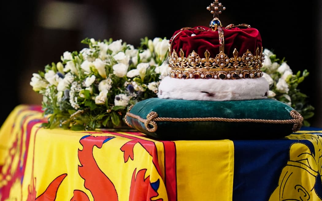 The Crown of Scotland sits atop the coffin of Queen Elizabeth II inside St Giles Cathedral in Edinburgh on 12 September 2022, during a service of Thanksgiving for her life.