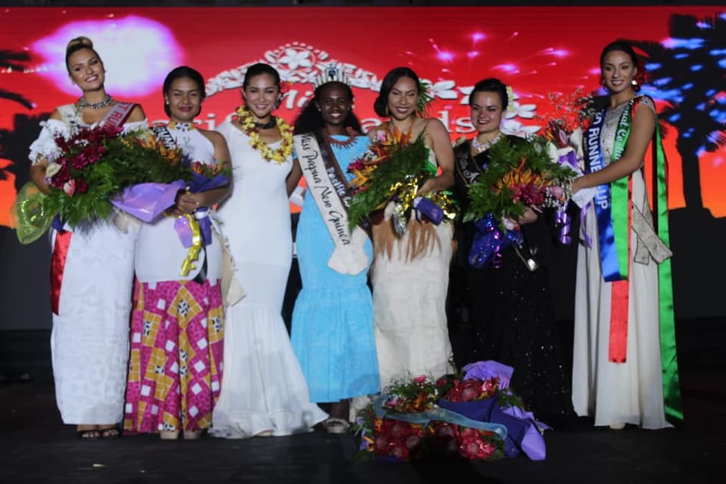 From left - 1st runner up Miss Cook Islands,3rd runner up Miss Tuvalu, The outgoing 2017 Miss Pacific Islands 2017, The incoming 2018 Miss Pacific Islands, Miss Tonga; Miss American Samoa and 2nd runner up Miss Samoa. 01-12-2018