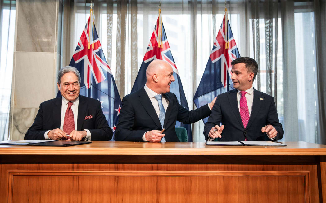 NZ First leader Winston Peters, National Party leader Christopher Luxon and ACT Party leader David Seymour at the formal signing ceremony on 24 November, 2023.