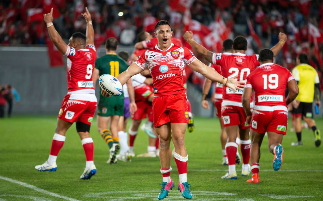 Tonga celebrates their win against Australia at the final whistle, during the rugby league match between the Australian Kangaroos and Tonga Invitational XIII at Eden Park, Auckland.  02 November  2019