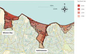 This map shows the extend of inundation in highly-populated parts of Auckland for a 1-in-100-year storm surge for different amounts of sea level rise.