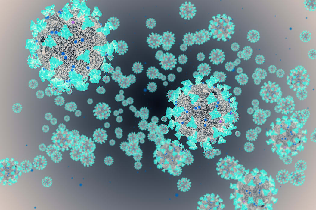 3D rendering, coronavirus cells covid-19 influenza flowing on gradient background as dangerous flu strain cases as a pandemic medical health risk concept of disease cells risk