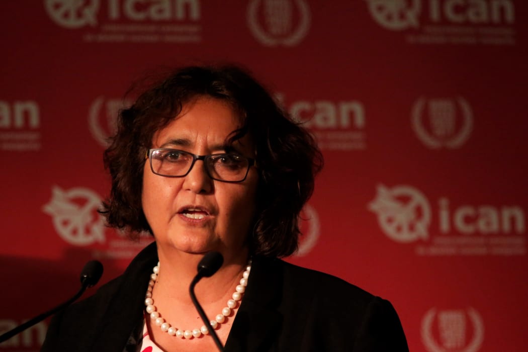 Vanessa Griffen speaks at an event in Melbourne to mark the International Campaign For Abolishing Nuclear Weapons (ICAN) receiving its 2017 Nobel Peace Prize award.