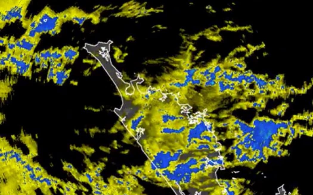 A satellite image of rain moving across the upper North Island on 30 April, 2023.