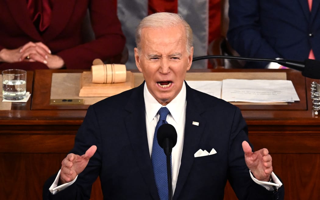 US President Joe Biden delivers the State of the Union address in the House Chamber of the US Capitol in Washington, DC, on February 7, 2023. (Photo by ANDREW CABALLERO-REYNOLDS / AFP)