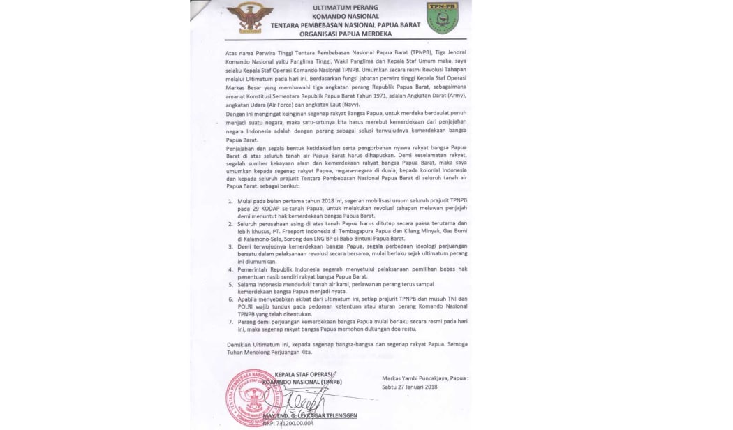 West Papua National Liberation Army statement declaring the latest stage of a military campaign for independence.